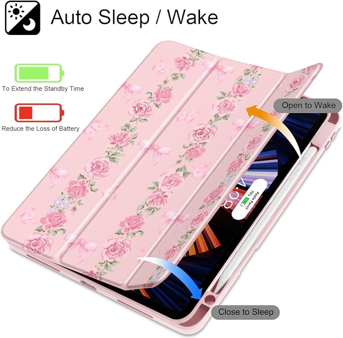 May Chen Case for iPad Pro 11-Inch M5/M4 2025/2024 (6th/5th Generation), [Penceil Holder] Trifold Stand Auto Wake/Sleep Clear TPU Protection Back Cover, Bow & Rose Flower