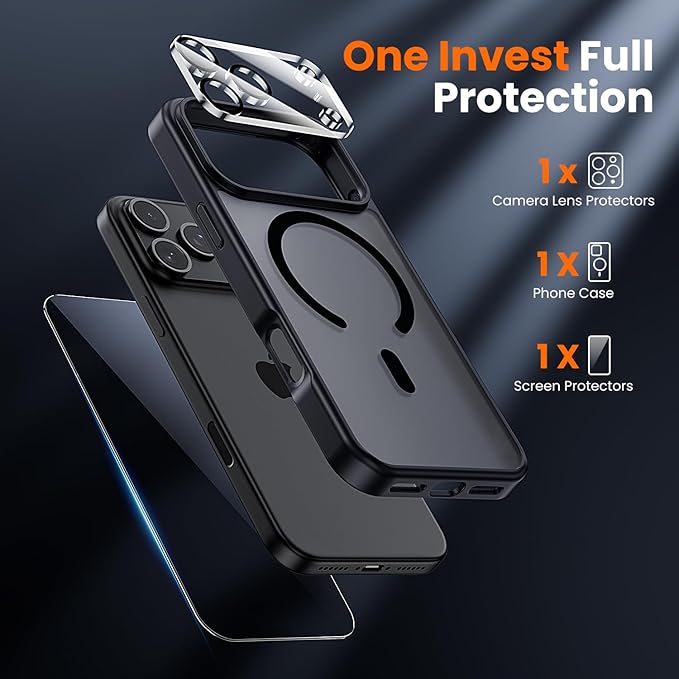 toushion 3 in 1 for iPhone 17 Pro Max Case Matte Black,Fits MagSafe, Screen Protector*1 Camera Lens Protector*1,Matte Skin Feeling Back, Cover Military-Grade Protection