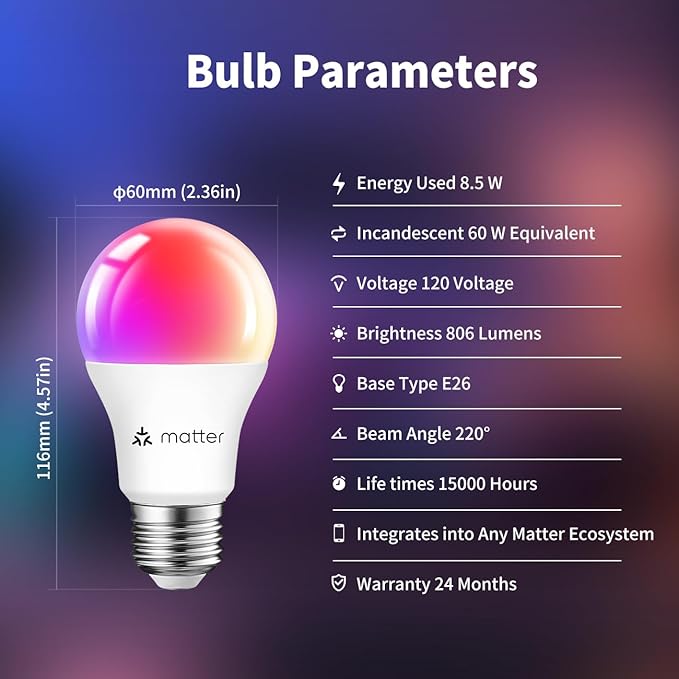 ANWIO Matter Smart Light Bulbs 8.5W (60W Replacement) A19 E26 LED Bulb Compatible with SmartThings App, Alexa, Google Assistant, Color Changing Light Bulb, 806lm,2.4Ghz only,Hub Required（2-Pack）