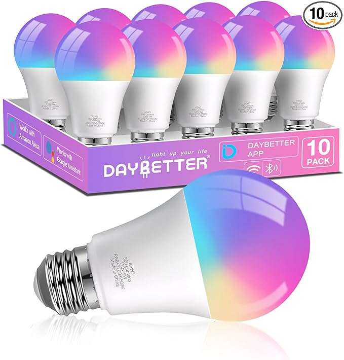 DAYBETTER Smart Light Bulbs, Smart Bulb Compatible with Alexa & Google Home, A19 E26 2.4G WiFi Bluetooth Alexa Light Bulbs, RGBCW Color Changing LED Light Bulb, 60W Equivalent, 800LM, 10Pack