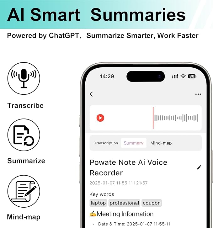 AI Voice Recorder, Transcribe & Summarize by ChatGPT, Digital Recorder Device for Lectures, Meetings, Calls, Support 107 Languages, 64GB Memory