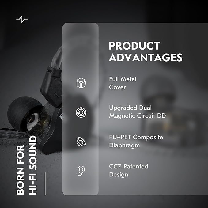 Kinboofi CCZ Solo Silver in Ear Monitor Wired IEM Headphone, DC02 Dual Magnetic Circuit DD HiFi Earphones, Professional HiFi Earphone, Stereo Sound Earbuds, with MIC