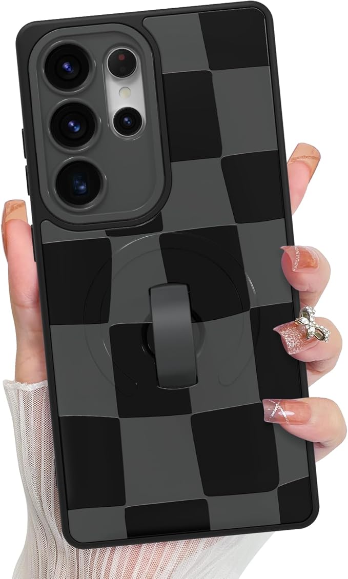 KANGHAR Compatible with Samsung Galaxy S25 Ultra Case, Support for MagSafe, Silicone Checkered Cute Pattern, Wristband Kickstand Camera Protection Soft Slim Cover for Girls Women -Black