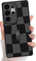 KANGHAR Compatible with Samsung Galaxy S25 Ultra Case, Support for MagSafe, Silicone Checkered Cute Pattern, Wristband Kickstand Camera Protection Soft Slim Cover for Girls Women -Black