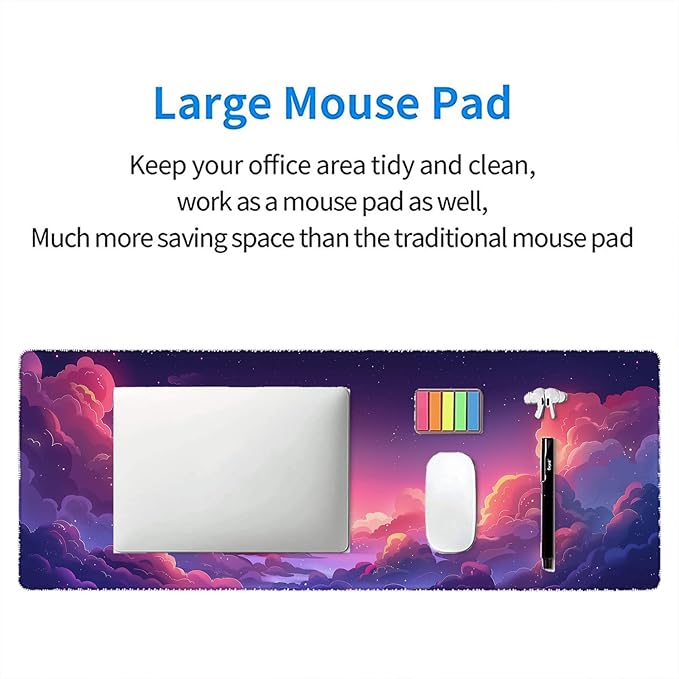 Kawaii Clouds Desk Pad Mouse Pad Anime Cute Pink Purple Large Gaming Mouse Mat with Stitched Edges,Non-Slip Waterproof Rubber Base Mous Mat 31.5"x11.8" Office Computer Keyboard Laptop Home