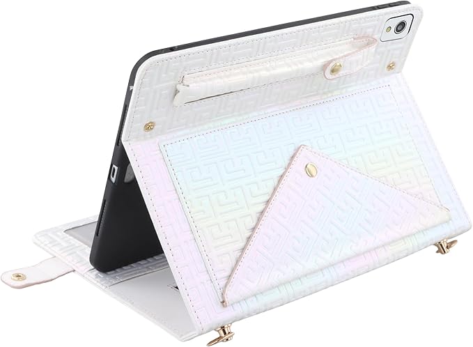 Shiny Case for iPad 6th/5th Gen 9.7 Inch (2018/2017), iPad Pro 9.7"/Air 2, Techcircle Crossbody Iridescent Folio Stand Multi-Pocket Wallet Case with Pencil Holder+Hand/Shoulder Strap, Shiny White
