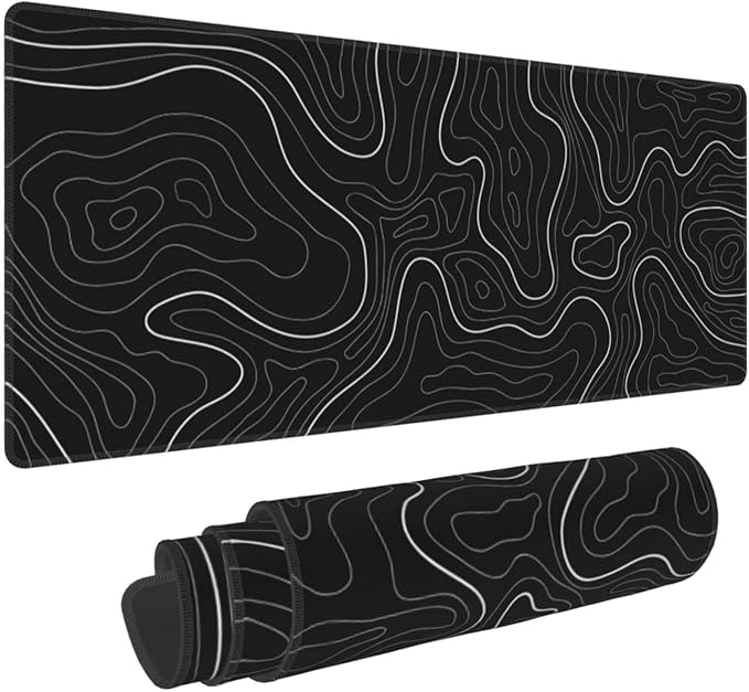 Abstract Topographic Map Black Mouse Pad Big Gaming Mouse Pad XXL Mousepad Large Keyboard Mat with Non-Slip Rubber Base Stitched Edges Mouse Mat Desk Pad for Gaming and Office