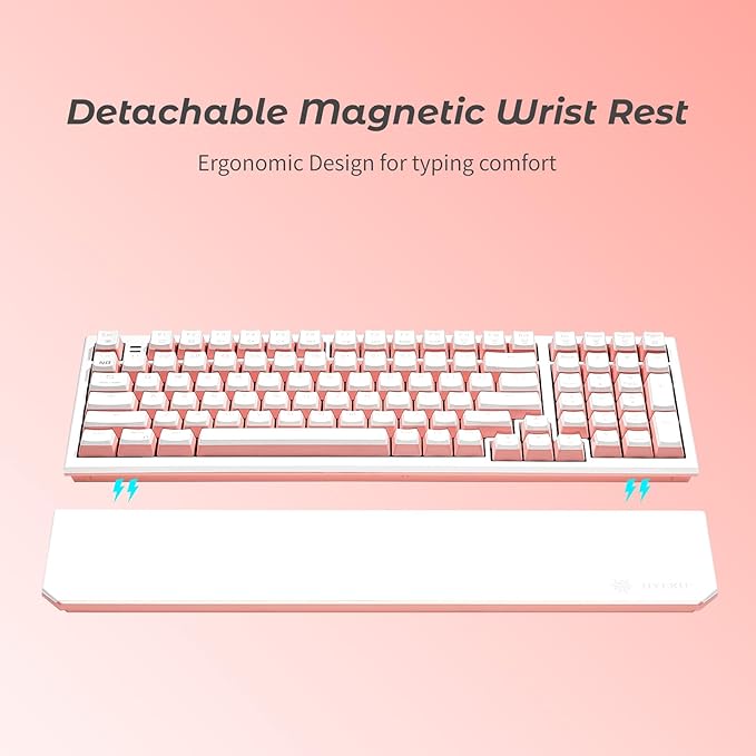 Hexgears X4 Wireless Mechanica Keyboard, 99-Key Linear Switch White Backlit Gaming Keyboard - NKRO 2.4G/USB-C with Wrist Rest, Pudding Keycaps-White/Pink