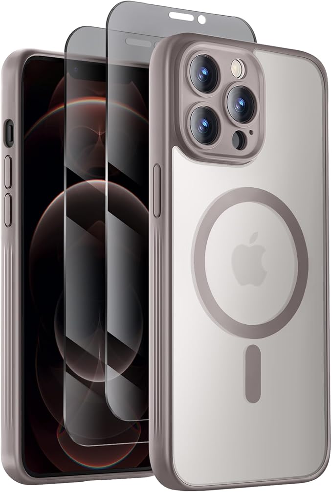 Symcele Designed for iPhone 12 Pro Max Case, Compatible with MagSafe, with Privacy Screen Protectors X2, [Camera Protection] [15FT Drop Protection] Shockproof Phone Case, 6.7", Natural Titanium