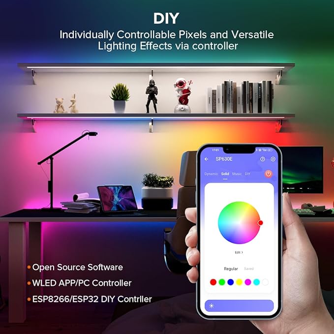 SEZO WS2812B LED Strip Light 16.4FT 60Pixel/M 300LEDs DC5V Individual Addressable LED Strip SMD5050 RGB Dream Color Programmable LED Light Strip Flexible IP65 Waterproof White PCB