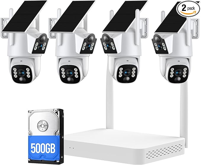 Camcamp Solar Security Cameras Wireless Outdoor,Dual-Lens Solar Camera System for Home Security, 4 Cameras (8 Screen), 10CH NVR with 500GB HDD, 360°PTZ, No Monthly Fee, Color Night Vision