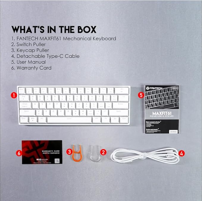 FANTECH MAXFIT61 RGB Wired 60% Mechanical Keyboard, 61 Keys Hot Swappable Type-C Programmable Gaming Keyboard, Blue Switch, White