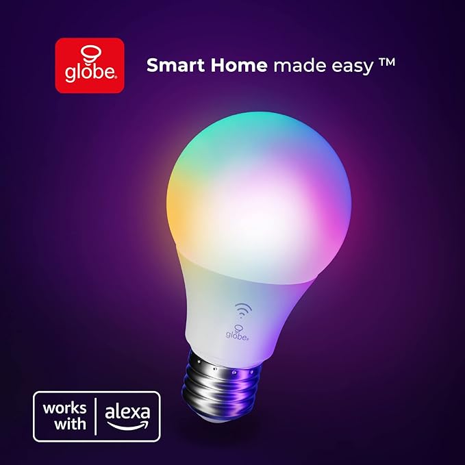 Globe Electric 50589 Color-Changing A19 LED Smart Light Bulb, 2.4 GHz Wi-Fi, 60W Equivalent 800LM, Works with Alexa Only, 1-Pack