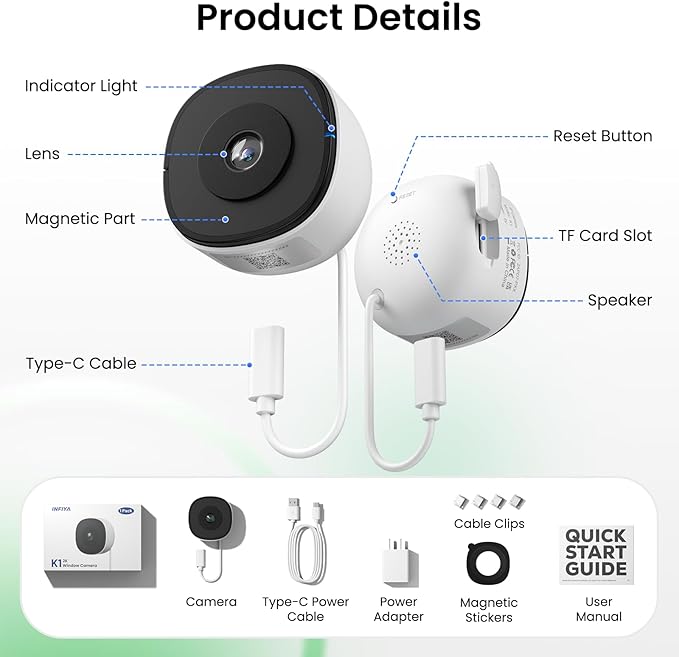 INFIYA 2K Window Cameras for Home Security- 5Ghz & 2.4Ghz WiFi Window Camera, Color Night Vision, Motion & Human Detection, Continuous 24/7 Recording, Cloud(Optional) & Local Storage, K1 1P