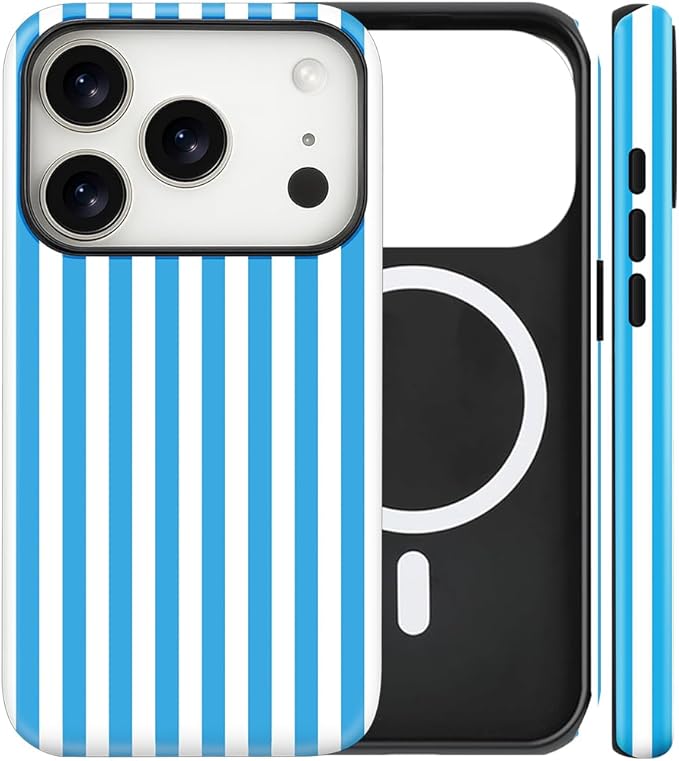 Magnetic for iPhone 17 Pro Max Case Cute Stripes Phone Case, Shockproof Slim TPU and Hard PC Protective Phone Cover Compatible with MagSafe Designed for Women Girls, Deep Blue