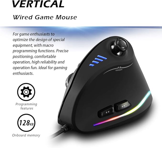 Vertical Mouse, Ergonomic USB Wired Vertical Mouse with [5 D Rocker] [10000 DPI] [11 Programmable Buttons], RGB Gaming Mouse for Gamer/PC/Laptop/Computer