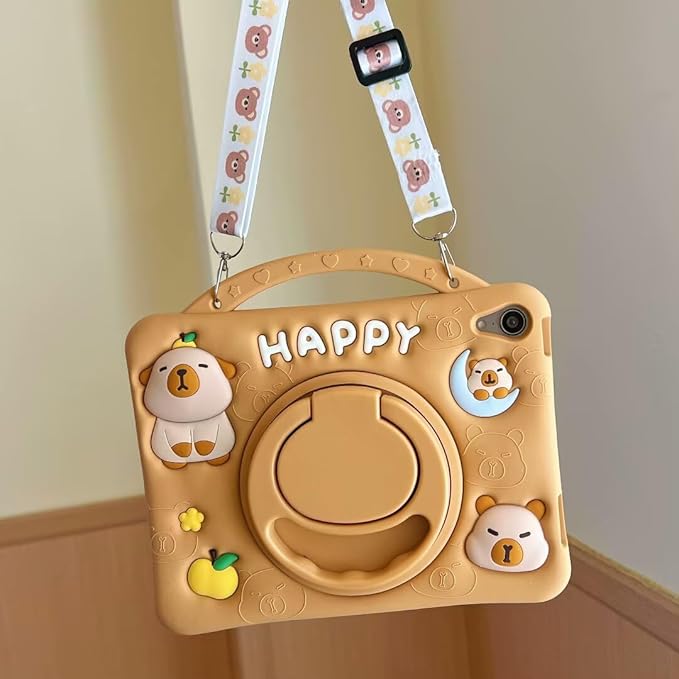 3D Kawaii Cute Press Capybara Case for iPad mini 1st 2nd 3rd 4th 5th Gen 7.9 inch,Cartoon Character Capybara Soft Silicone Rotating Stand Case with Lanyard for Kids Teens Girls Women