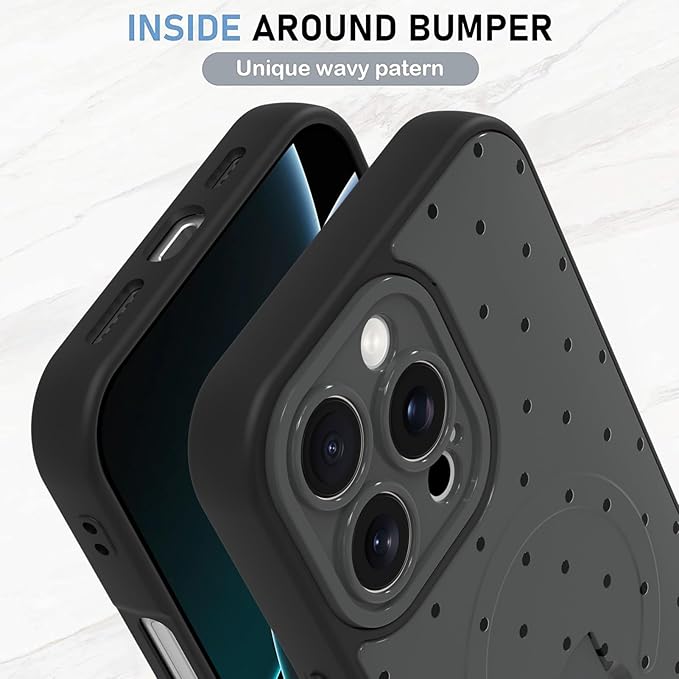 KANGHAR Compatible with iPhone 16 Pro Max Case, Support for MagSafe, Silicone Spot Cute Pattern, Wristband Kickstand Camera Protection Shockproof Soft Slim Cover for Girls Women, Black