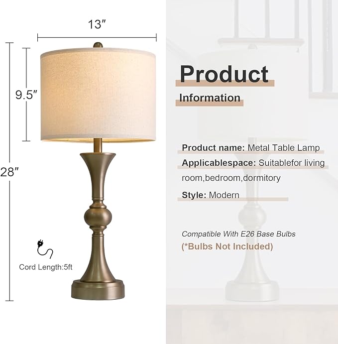 Oneach 28" Modern Table Lamps Set of 2 for Living Room, Warm Gold Bedside Lamps with USB Ports, Nightstand Lamps Set for Bedroom Farmhouse Lamp End Table Lamps (Bulbs not Included)