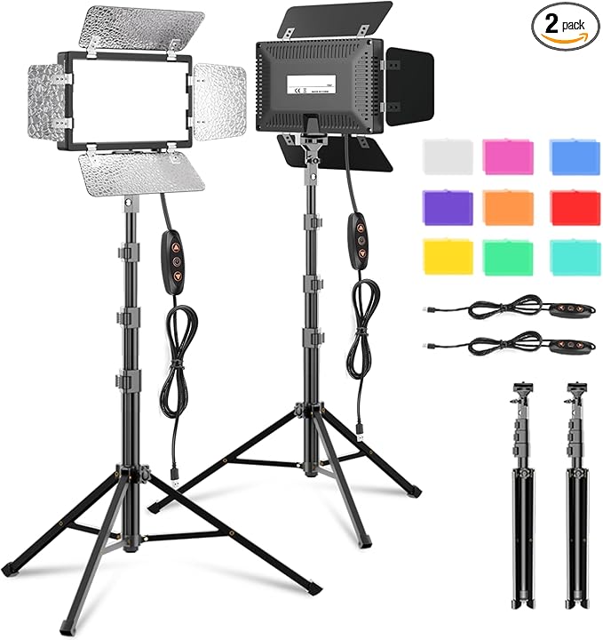 2 Pack LED Video Photography Lighting Kit with 54'' Tripod Stand, Dimmable 5600K USB Studio Lights with Barndoor -9 Color Lighting for Video Recording, Photo Studios, YouTube, TikTok, Game Streaming