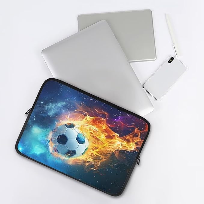 Water Flame Football Computer Sleeve for Men 15 InchLaptop Sleeve Neoprene Laptop Covers with Padded Compartment Lap Top Case Soccer Computer Carrying Bag