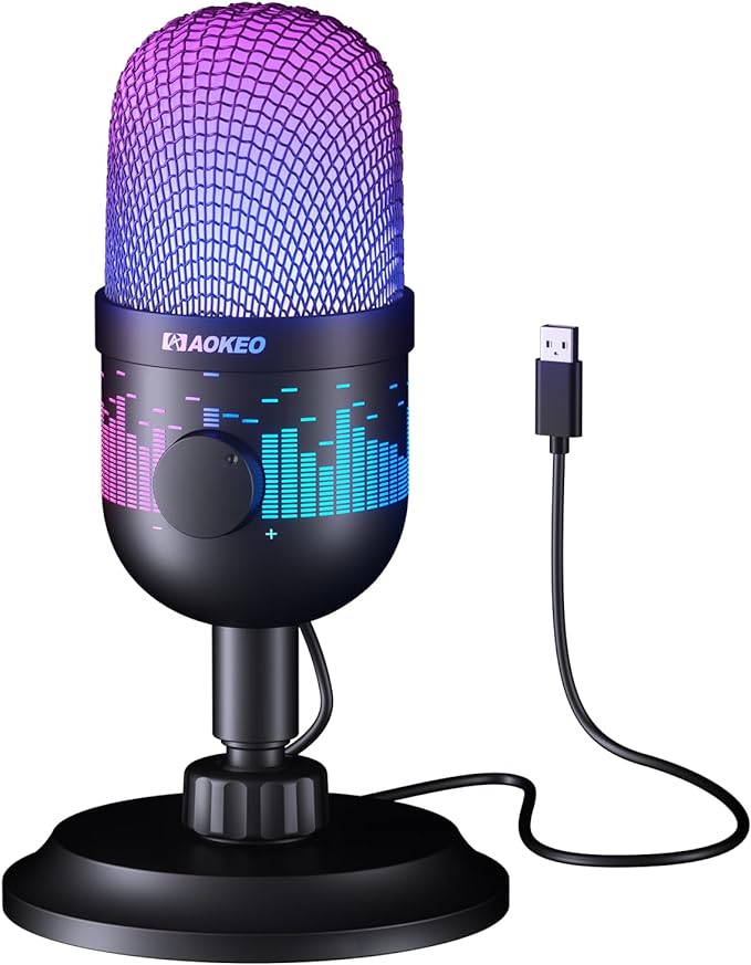 Aokeo USB Gaming Microphone, Condenser Microphone for PC/MAC/PS4/PS5/Phone-Cardioid Mic with RGB Lighting