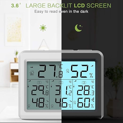 KeeKit Indoor Outdoor Thermometer, Digital Hygrometer Meter Gauge with 3 Wireless Sensors, Temperature Humidity Monitor with LCD Backlight, Min/Max Record for Home, Office, Restaurants, Bars, Café