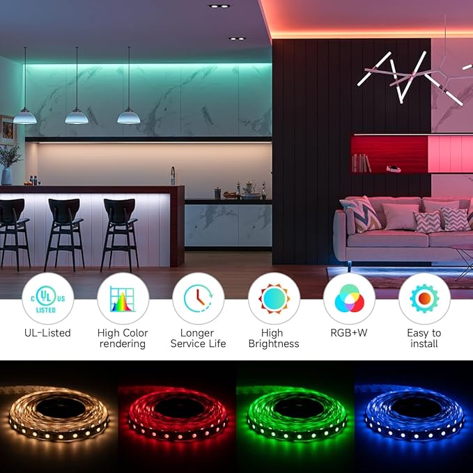 BTF-LIGHTING UL Listed RGBW LED Strip Lights,5050 4 Colors in 1 RGB + 6000K-7000K Cool White,24V DC,16.4ft/5m 96LEDs/m 12mm White PCB, IP30 for Home Decoration(No Adapter or Controller)
