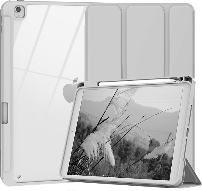Case for iPad 9th / 8th / 7th Generation (2021/2020 / 2019), for iPad 10.2 Inch Case with Pencil Holder, Stand Tablet Clear Back Cover, Auto Sleep/Wake - Grey White