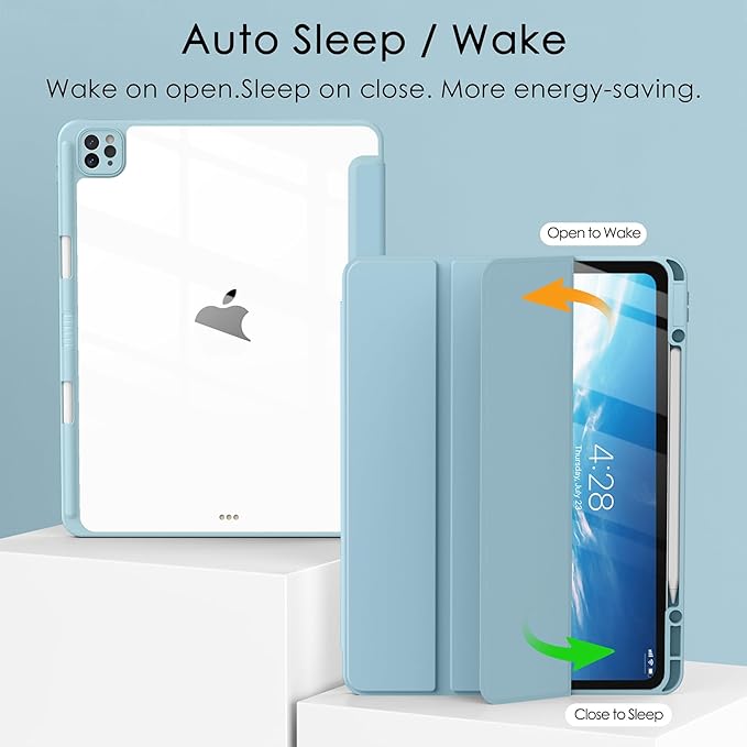 Soke Case for iPad Pro 12.9 Inch (6th/5th/4th/3rd Generation, 2022/2021/2020/2018) - Pencil Holder + Auto Sleep/Wake + Camera Protection, Transparent Shockproof Back Cover,Sky Blue