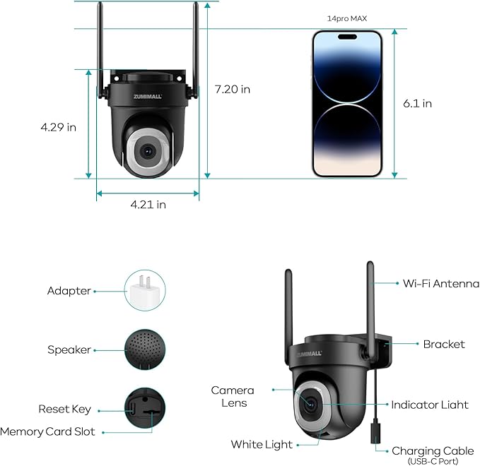 ZUMIMALL 2.5K Wired cameras for home security, 2.4G/5G WiFi Outdoor Security Camera, 5MP, 24/7 Recording, AI Motion Detection, Cloud & SD Card Storage, 2-Way Audio, 360° PTZ Auto Tracking, IP66, Black
