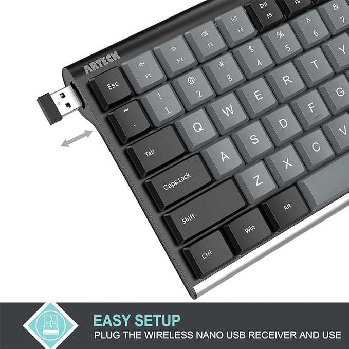 Arteck Mechanical 2.4G USB Wireless Performance Keyboard, Tacktile Quiet Brown Switches, Stainless Steel Low Profile for PC/Desktop/Laptop/TV and Windows 11/10 Built in Rechargeable Battery Black