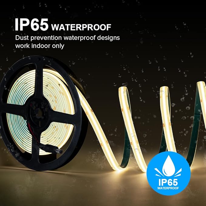 16.4FT IP65 Waterproof COB LED Strip 4000K 480LEDs/m Flexible High Density Uniform Bright LED Lights 9W/m, Dimmable 8mm DC12V COB Strips for Home Indoor Decoration, NO Power and Controller