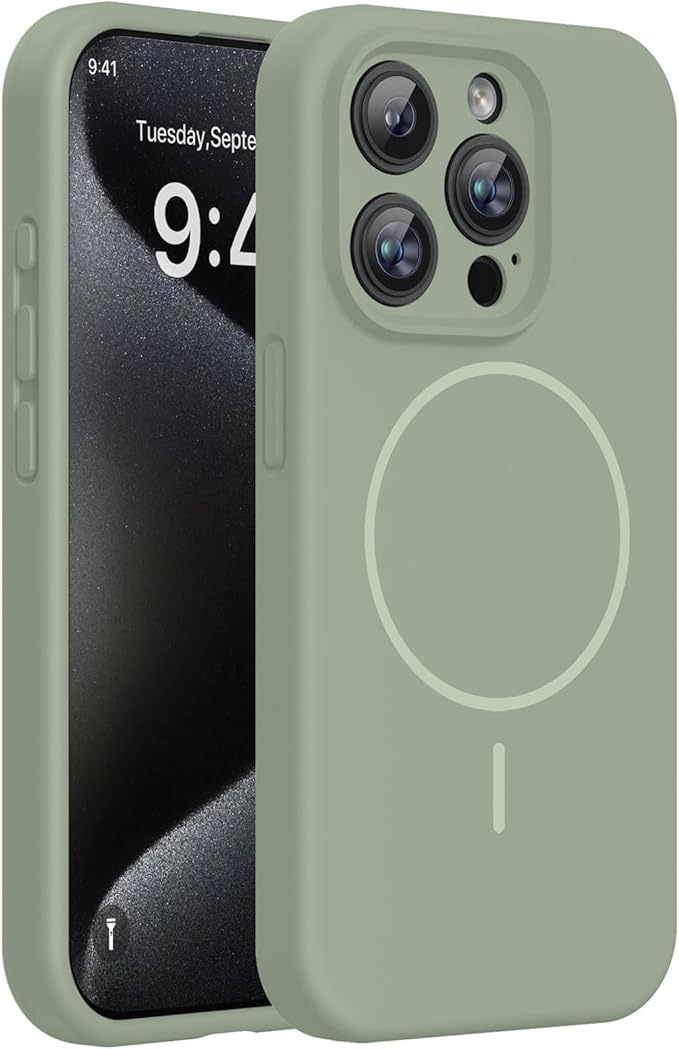 Miracase Magnetic for iPhone 15 Pro Case, [Soft Anti-Scratch Microfiber Lining], Magnetic for MagSafe, Liquid Silicone Shockproof Drop Protection Phone Case for 15 Pro, Patina Green