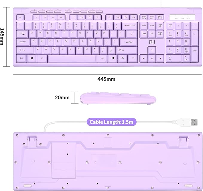 Rii RK907 Ultra-Slim Compact USB Wired Keyboard for Mac and PC,Windows 10/8 / 7 / Vista/XP(Purple)