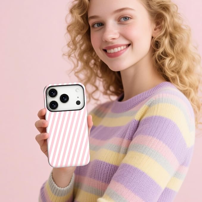 Magnetic for iPhone 17 Pro Case Cute Diagonal Stripes Phone Case, Shockproof Slim TPU and Hard PC Protective Phone Cover Compatible with MagSafe Designed for Women Girls,Pink