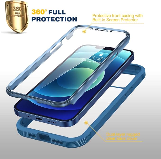 Diaclara Designed for iPhone 12/12 Pro Case, Full Body Rugged with Built-in Touch Sensitive Anti-Scratch Screen Protector, Soft TPU Bumper Case for iPhone 12/12 Pro 6.1" (Blue)