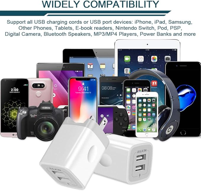 USB Wall Charger, Foldable Charger Adapter, AILKIN 2Pack 2.4Amp Dual Port Quick Charger Plug Cube AC Travel Box for iPhone 17 16 15 14 Pro Max 13 12 11Pro Max/XS/XR Plus, Samsung Galaxy