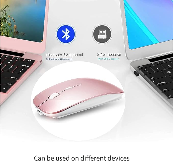 PEIBO Bluetooth 5.2 Mouse, Rechargeable Wireless Mouse for MacBook, iPad Pro, Chromebook, Windows Notebook, DELL, HP PC, Pink