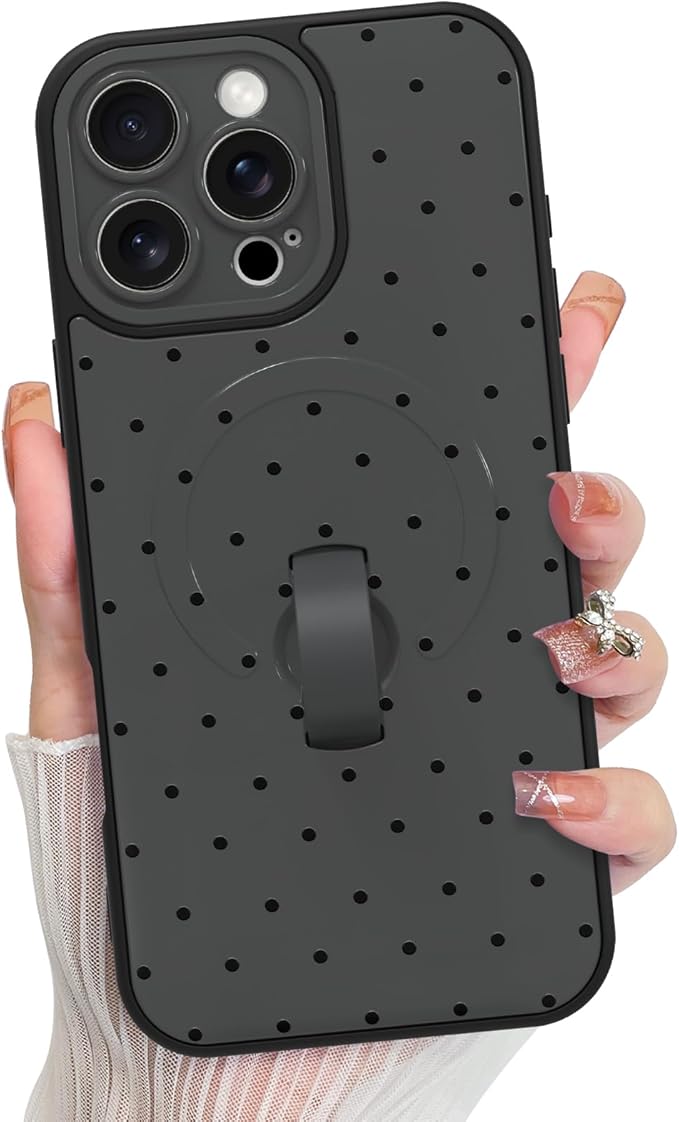 KANGHAR Compatible with iPhone 16 Pro Max Case, Support for MagSafe, Silicone Spot Cute Pattern, Wristband Kickstand Camera Protection Shockproof Soft Slim Cover for Girls Women, Black