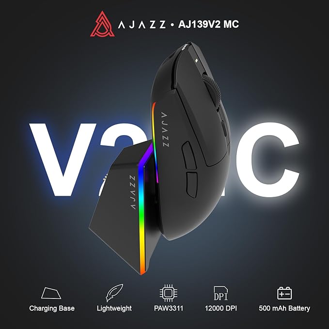 AJAZZ AJ139 V2 MC Wireless Gaming Mouse 2.4G Wired/Bluetooth | Charging Base| 66g Lightweight| 12000 DPI | 500mAh Battery | PAW3311 Sensor | 1000 Polling Rate, Compatible with PC/Mac