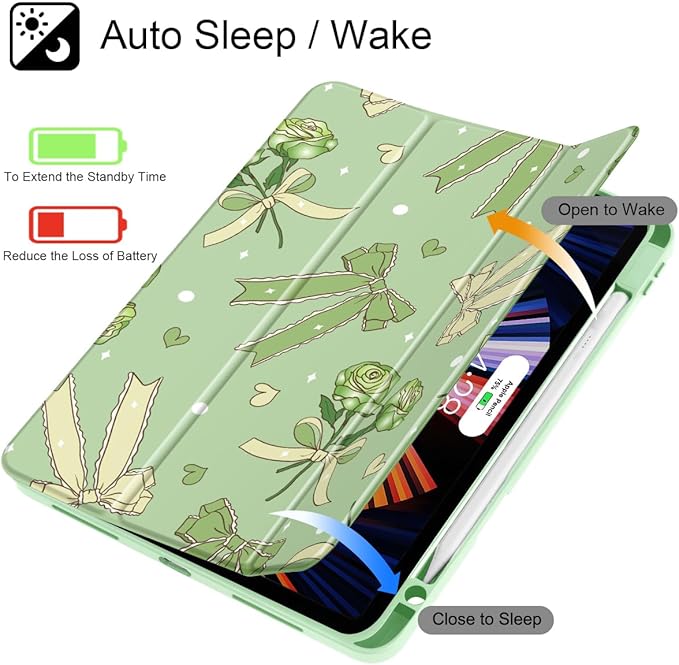 Tuiklol for iPad Pro 12.9 Inch 6th/5th/4th/3rd Generation 2022 2021 2020 2018 Case,Built-in Pencil Holder Clear Transparent Protective Back Shell Cover with Auto Sleep/Wake, Bow & Rose Green