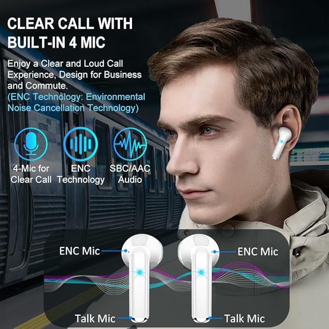 Wireless Earbud, Bluetooth Headphones 5.3 Mini Bluetooth Earbud, Deep Bass Stereo Wireless Earphones in Ear Sport 40H USB-C Charging Case, ENC Noise Cancelling Ear Buds with 4 ENC Mic Dual LED Display