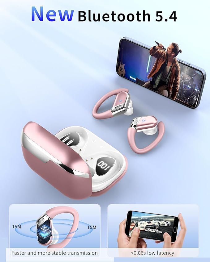Wireless Earbuds, Bluetooth 5.4 Headphones Sport, 50H Deep Bass Sound Over Ear Buds with 4 ENC Noise Cancelling Mic, Dual LED Display, IP7 Waterproof Earphones with Earhook for Workout/Running/Gym