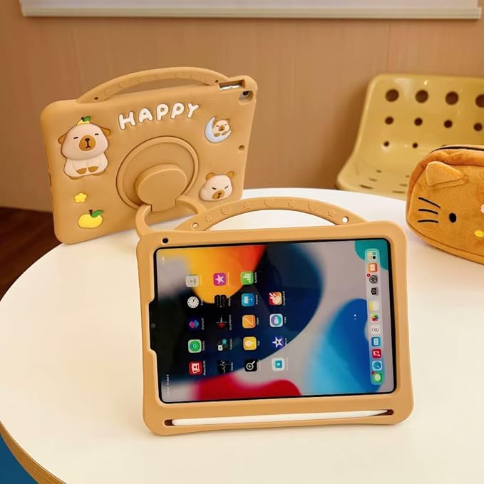 3D Cute Press Capybara Case for iPad 10th Generation (2022) 10.9 inch/iPad (A16) 11th 2025 11”,Kawaii Cartoon Character Capybara Soft Silicone Rotating Stand Case with Lanyard for Kids Girls Women