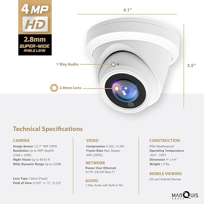 Marquis 4MP PoE IP Turret Camera SonyStarvis Sensor with Microphone, Audio, IP Security Camera Outdoor Night Vision 98ft Weatherproof IP67 Outdoor Compliant Wide Angle 2.8mm