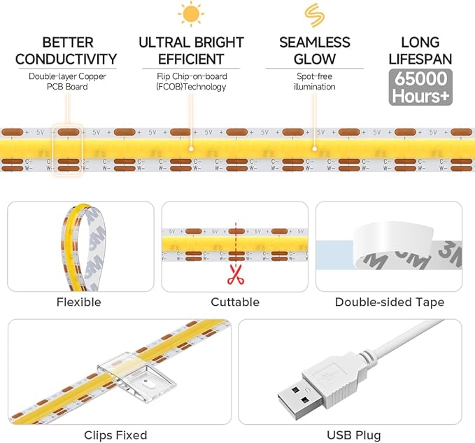 BTF-LIGHTING FCOB COB FOB LED Strip Lights 5V USB CCT 9.8FT 1920LEDs Tunable 2700K/4000K/6500K 10mm Width Dimmable 90+ High CRI Flexible High Density for TV Backlight PC Bedroom Kitchen Home DIY Decor