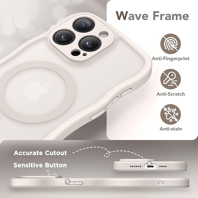 CAPRARO Cute for iPhone 13 Pro Max Case, Compatible with MagSafe, [Curly Wave Edge] [Full Camera Protection] [14 FT Drop Protection] Magnetic Phone Case for 13 Pro Max 6.7 Inch, Stone