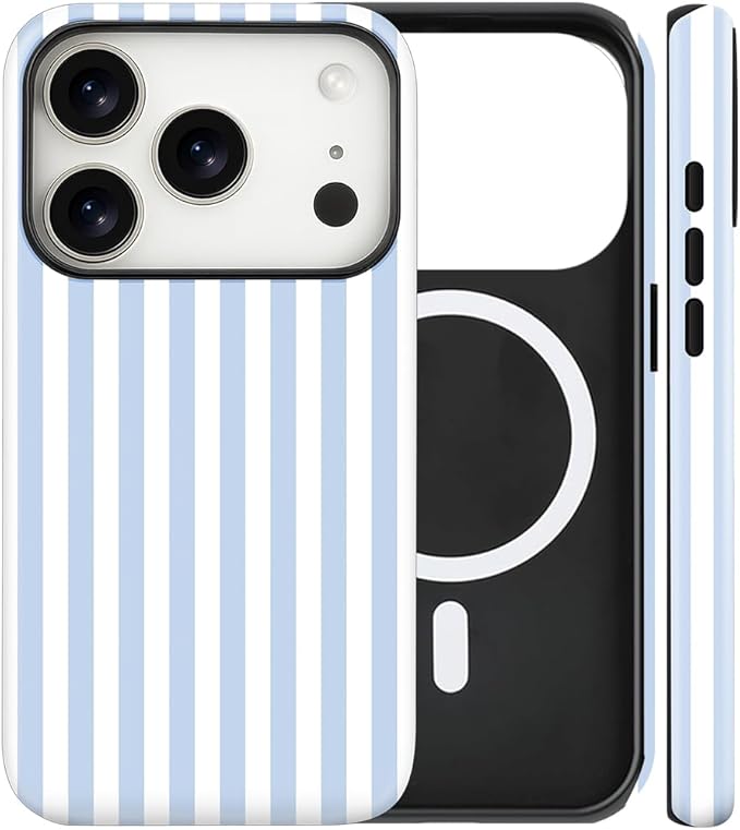 Magnetic for iPhone 17 Pro Max Case Cute Stripes Phone Case, Shockproof Slim TPU and Hard PC Protective Phone Cover Compatible with MagSafe Designed for Women Girls, Blue and White