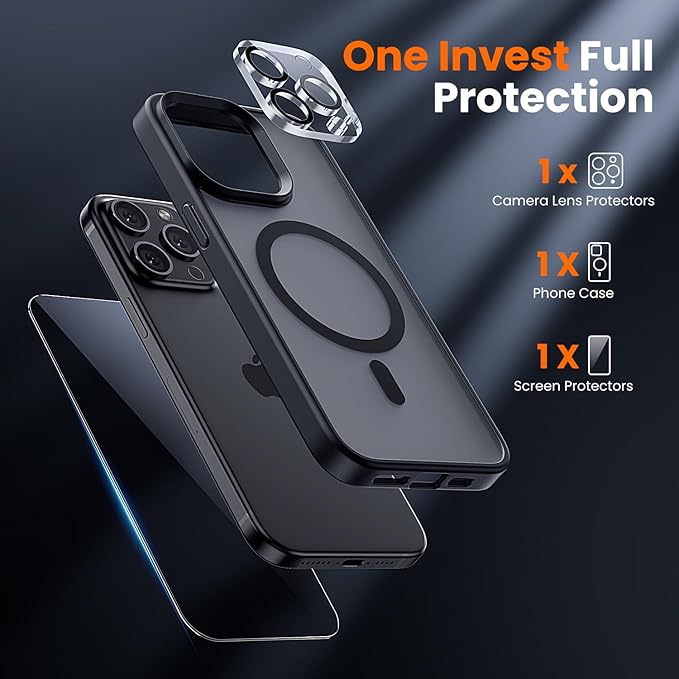 toushion 3 in 1 for iPhone 15 Pro Case with MagSafe, Screen Protector*1 Camera Lens Protector*1,Skin Feeling Back Cover Military-Grade Protection for iPhone 15 Pro Phone Case 6.1 inch Matte Black